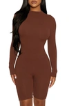 Naked Wardrobe The Nw All Body Long Sleeve Romper In Chocolate