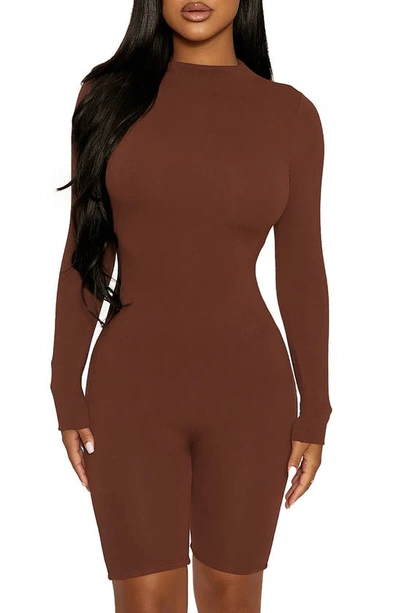 Naked Wardrobe The Nw All Body Long Sleeve Romper In Chocolate
