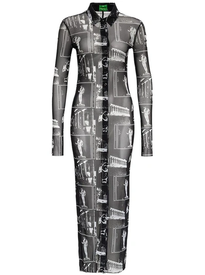Trussardi All-over Print Long-sleeve Midi Dress In Black