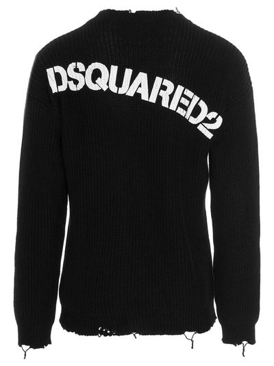 Dsquared2 Destroyed Logo Print Knit Cotton Sweater In Black