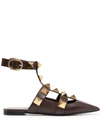 Valentino Garavani Roman Stud Point-toe Backless Leather Flats In Brown