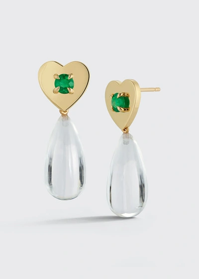 Jemma Wynne 18k Yellow Gold Prive Heart Studs With Emeralds & Removable Rock Crystal Drops In Green