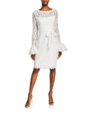 Shani Illusion-neck Bell-sleeve Lace Sheath Dress W/ Sash In Ivory