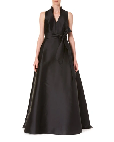 Carolina Herrera Satin V-neck Gown In Black