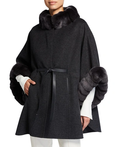 Loro Piana Salzburg Chincilla Fur-trimmed Belted Cashmere Cape In Dark Gray