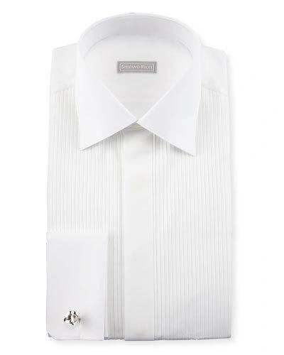 Stefano Ricci Metallic Pleated Silk French-cuff Tuxedo Shirt, White