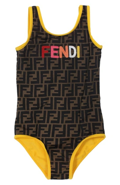 Fendi Kids' Ff Logo印花连体泳衣 In Brown