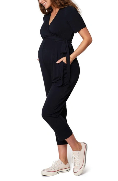 Ingrid & Isabelr Crop Jersey Maternity/nursing Jumpsuit In Black