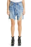R13 Marky Distressed Drop Crotch Jean Bermuda Shorts In Bain Blue