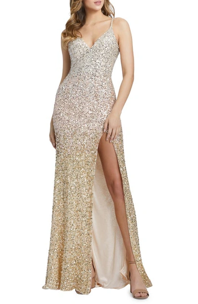 Mac Duggal Bustier Sequin Sheath Gown In Nude Gold Ombre
