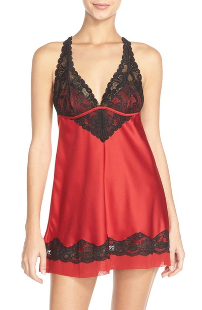 Black Bow 'muse' Lace & Satin Backless Chemise In Tango Red