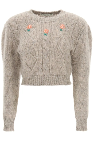Alessandra Rich Short Sweater With Embroideries In Grey