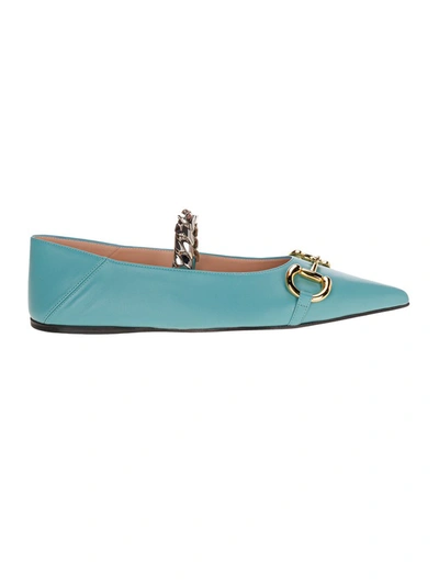 Gucci Pointed-toe Horsebit-detail Ballerina Shoes In Blue