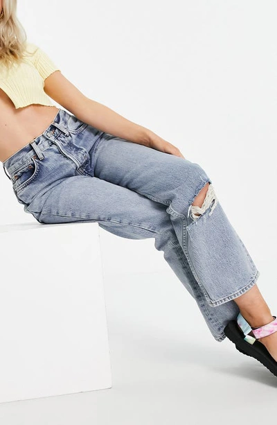 Topshop Double Ripped Knee Nonstretch Dad Jeans In Mid Denim
