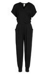 Loveappella Short Sleeve Wrap Top Jumpsuit In Black
