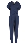 Loveappella Short Sleeve Wrap Top Jumpsuit In Midnight Blue