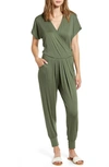 Loveappella Short Sleeve Wrap Top Jumpsuit In Olive