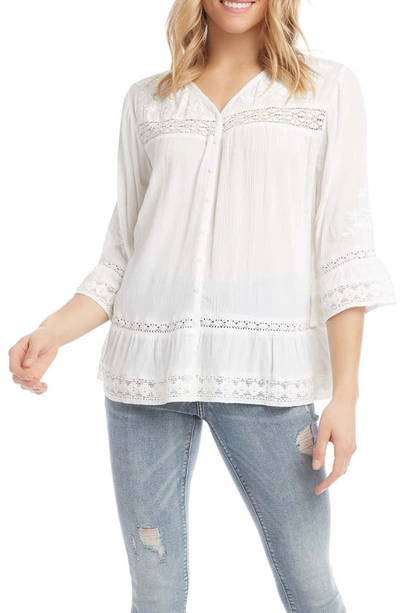 Karen Kane Embroidered Lace Inset Bell Sleeve Top In Off White