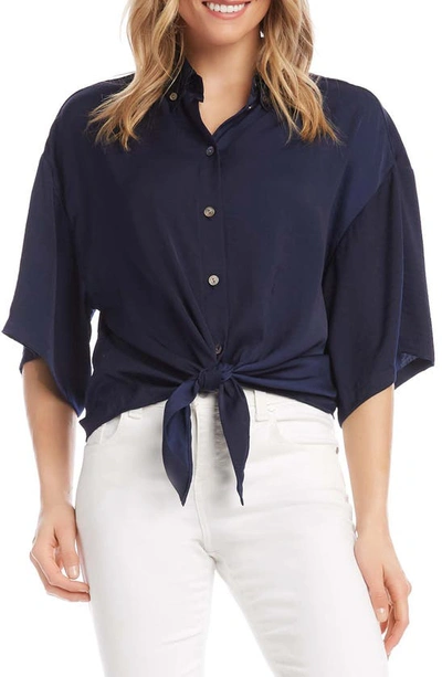 Karen Kane Relaxed Tie Front Button-up Shirt In Navy