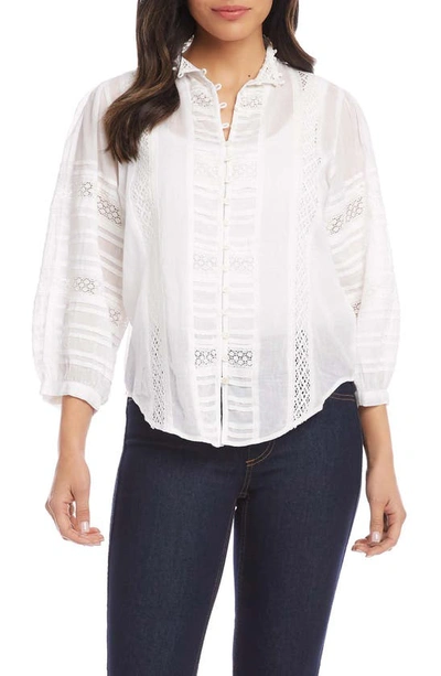 Karen Kane Lace Inset Button Up Blouse In Off White