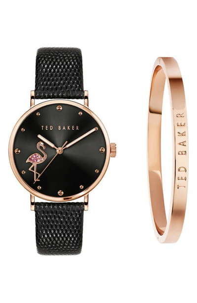 Ted Baker Phylipa Crystal Flamingo Leather Strap Watch Gift Set, 37mm In Black