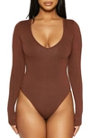 Naked Wardrobe The Nw Deep-v Long Sleeve Bodysuit In Chocolate