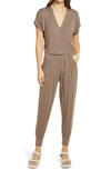 Loveappella Short Sleeve Wrap Top Jumpsuit In Dark Khaki