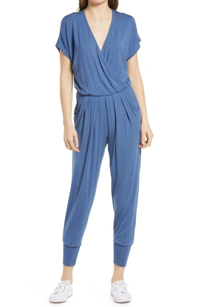 Loveappella Short Sleeve Wrap Top Jumpsuit In Denim