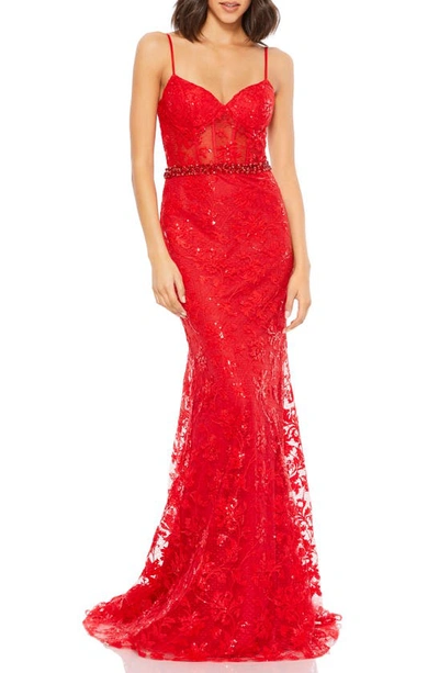 Mac Duggal Corset Floral Embroidered Gown In Red