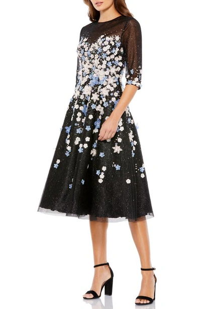 Mac Duggal Women's Glittery Floral-appliqué Midi-dress In Black Multi
