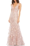 Mac Duggal Floral Embellished Sleeveless Plunge Neck Gown In Rose Pink