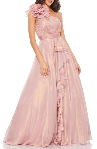 Mac Duggal Pink Iridescent One Shoulder Rosette Ball Gown In Rose Gold