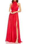 Mac Duggal Rosette Halter Chiffon Evening Gown In Cherry