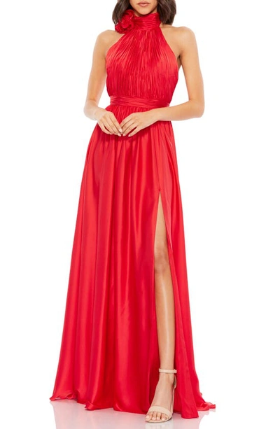 Mac Duggal Rosette Halter Chiffon Evening Gown In Cherry