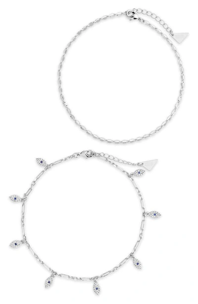 Sterling Forever Women's Delicate Evil Eye Chain Silver Plated Anklet Set In Grey