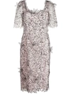 MARCHESA NOTTE EMBROIDERED SHORT-SLEEVE DRESS