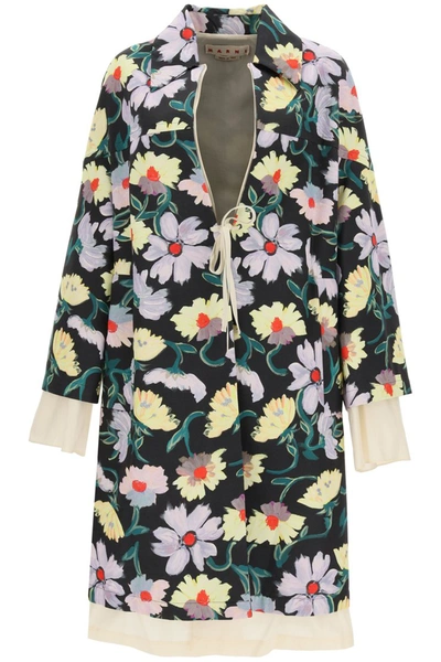 Marni Floral-print Oversized Coat In Black,pink,yellow