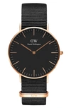 Daniel Wellington Classic Cornwall Nato Strap Watch, 36mm In Rose Gold/ Black