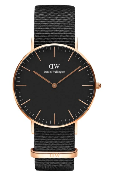 Daniel Wellington Classic Cornwall Nato Strap Watch, 36mm In Rose Gold/ Black
