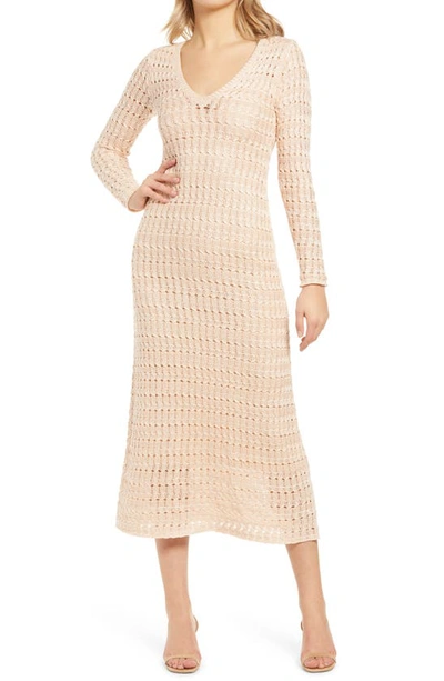 Afrm Cedro Crochet Long Sleeve Midi Dress In Cream Tan