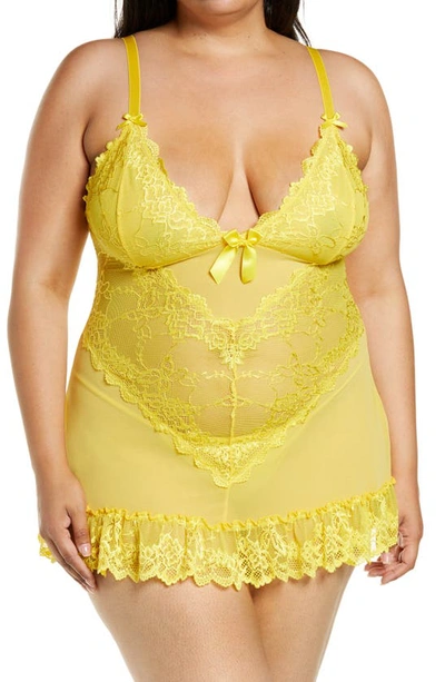 Oh La La Cheri Valentine Soft Cup Babydoll Chemise & G-string Thong In Dandelion