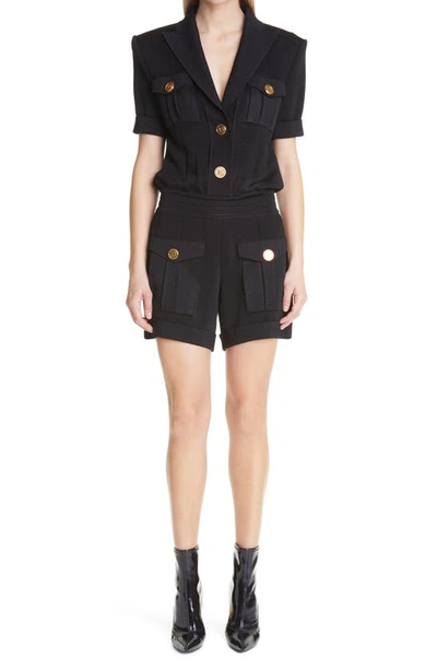 Balmain Short-sleeve Peak-lapel Knit Playsuit In Noir