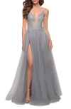 La Femme Floral Embroidered Illusion Plunge Tulle Ballgown In Silver