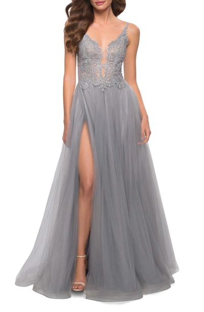 La Femme Floral Embroidered Illusion Plunge Tulle Ballgown In Silver
