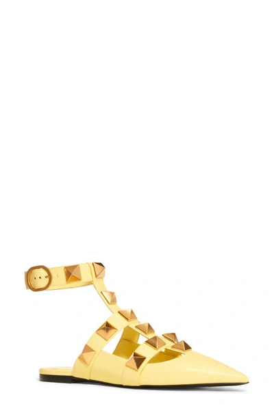 Valentino Roman Stud Metallic Leather Ballerina Ankle-strap Flats In Lime Sorbet