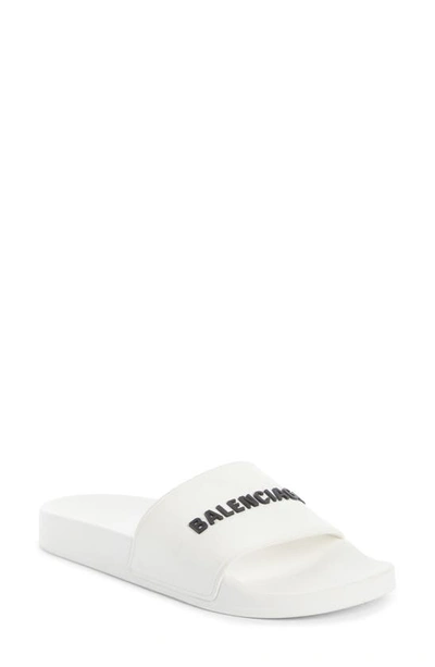Balenciaga Pool Logo-embossed Rubber Slides In White Black