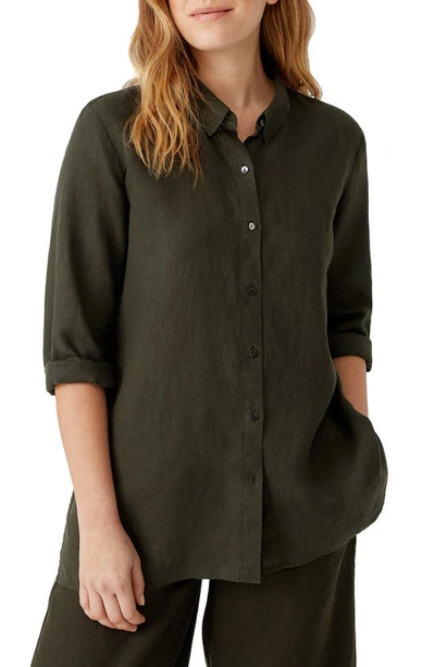 Eileen Fisher Organic Linen Classic-collar Shirt In Seaweed