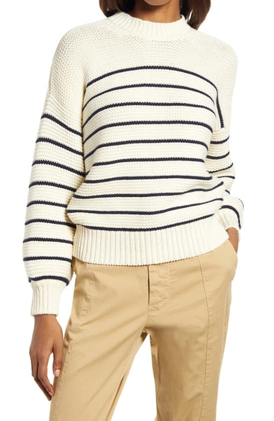 Alex Mill Stripe Button Back Cotton Crewneck Sweater In Ivory/dark Navy