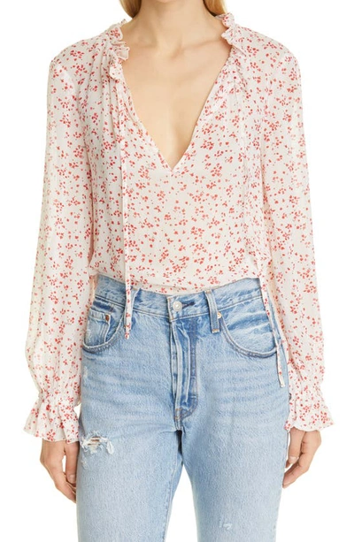 Ganni Ruffled Floral-print Georgette Blouse In Egret