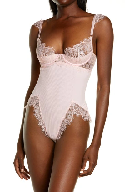 Oh La La Cheri Lace Trim Underwire Teddy In Crystal Rose